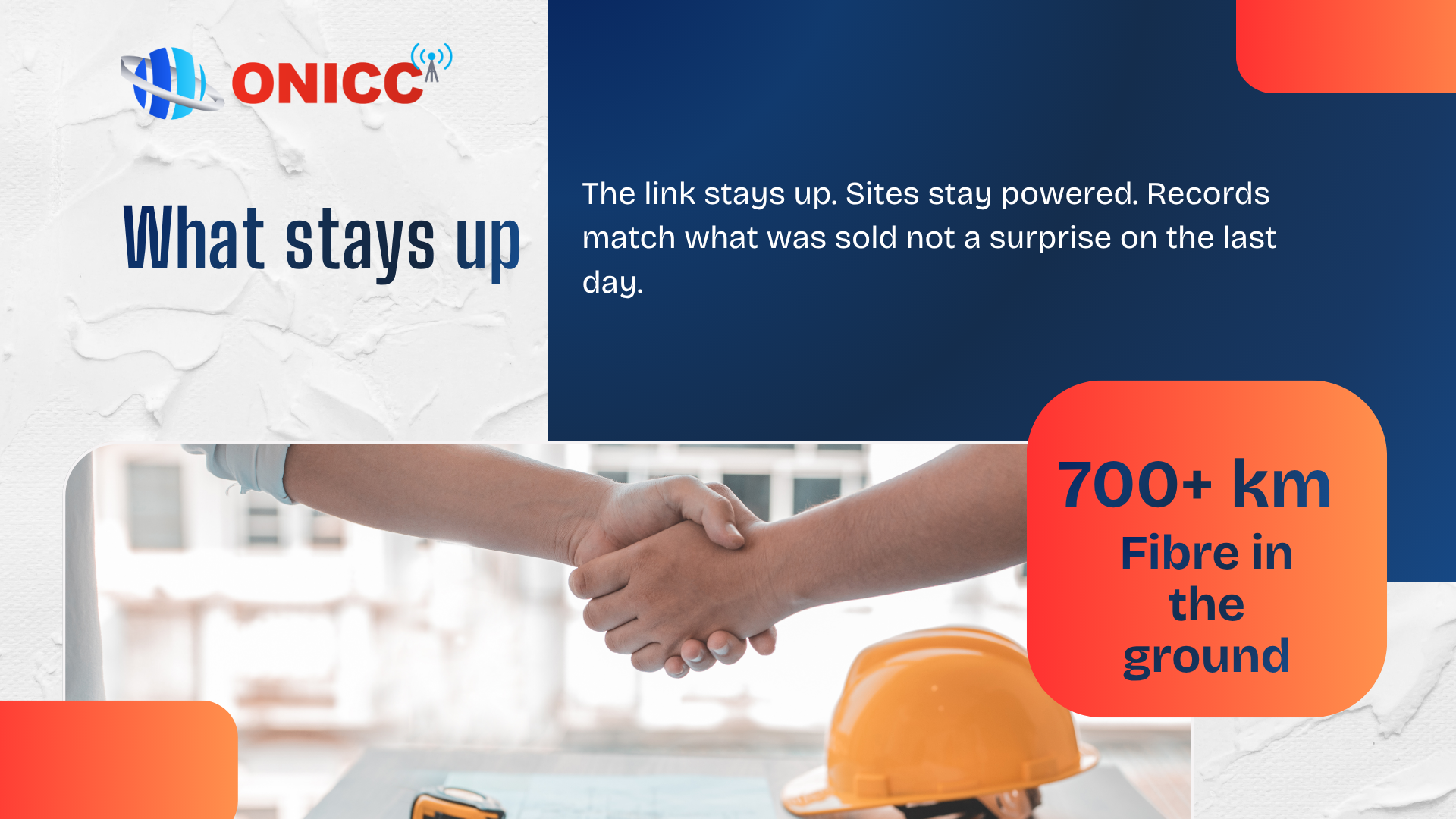 ONICC handshake on site, 700+ km of fibre in the ground
